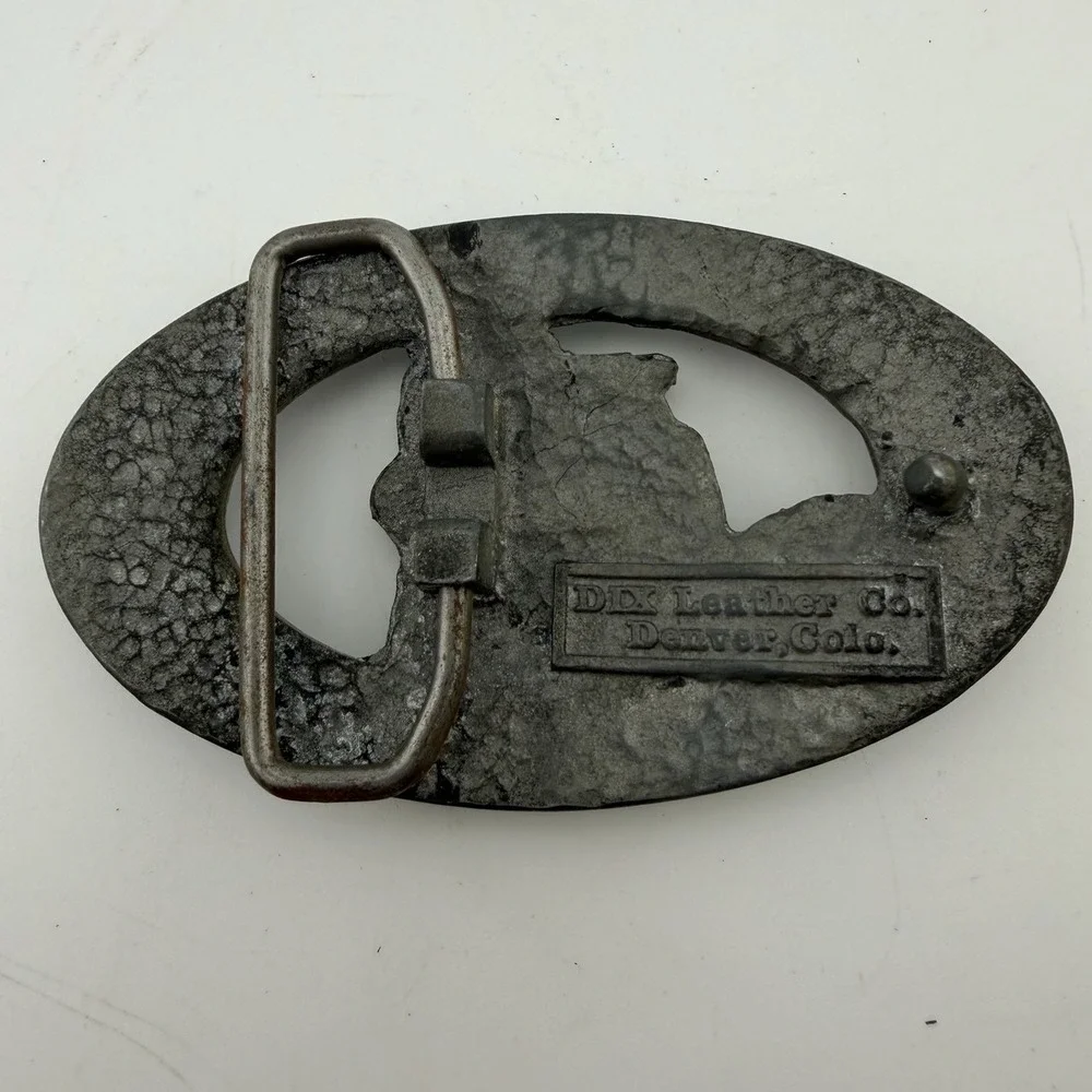 Vintage DIX Leather Co Snowmobile Belt Buckle Gray Excellent Vintage Pewter Tone